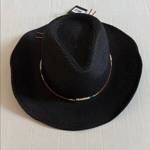 Black Straw Fedora Hat with Beaded Band
